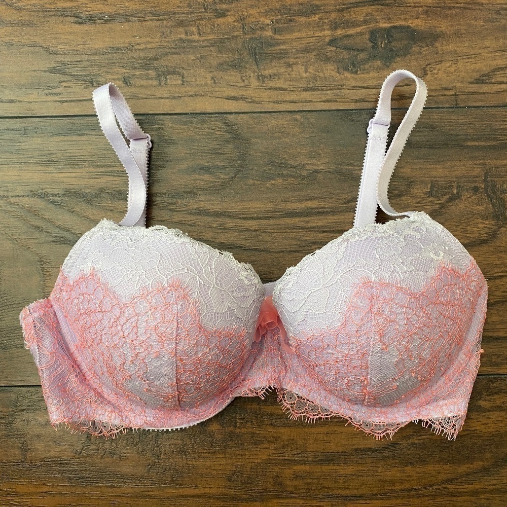 Victoria's Secret, Dream Angels, Lined Demi, Lilac and Coral Bra, Size 34D